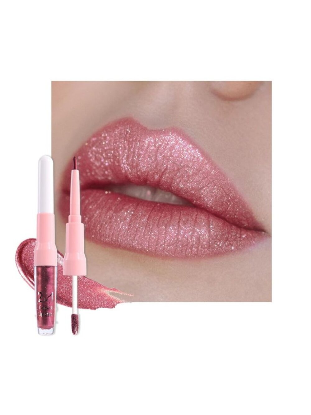 Women 28# Light Plum Red-Glitter 2-in-1 Metallic Long Lasting Lipstick-Lip Liner